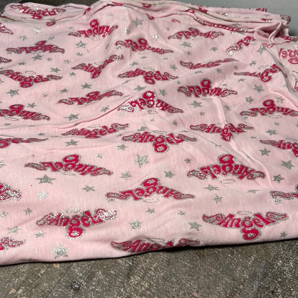 NEW FABRIC PINK TEESHIRT ANGEL WITH SILVER GLITTER 57" Wide 2.5 Yards